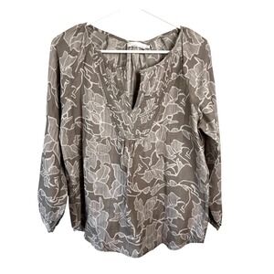 PrAna Taupe Floral Long‎ Sleeves Blouse Size Small V-Neck Pleated Detail